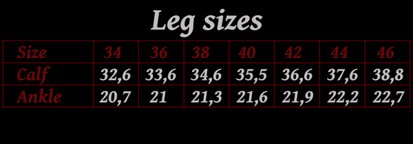Gaiter/ Leg warmer size chart
